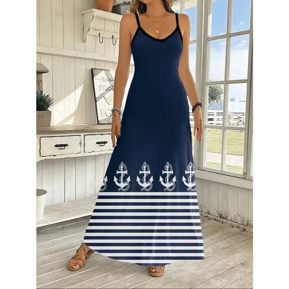NWT ~ Long Nautical Navy Blue Maxi Dress Anchors & Stripes ~ Women's XL - Picture 1 of 1